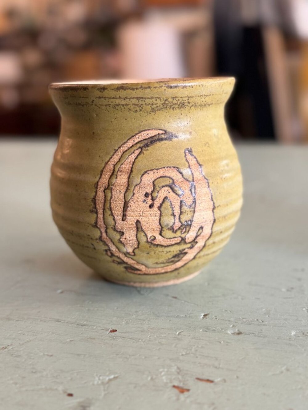 Handcrafted Stoneware Pottery Vase w Abstract Earth Tone Design Ribbed Texture
